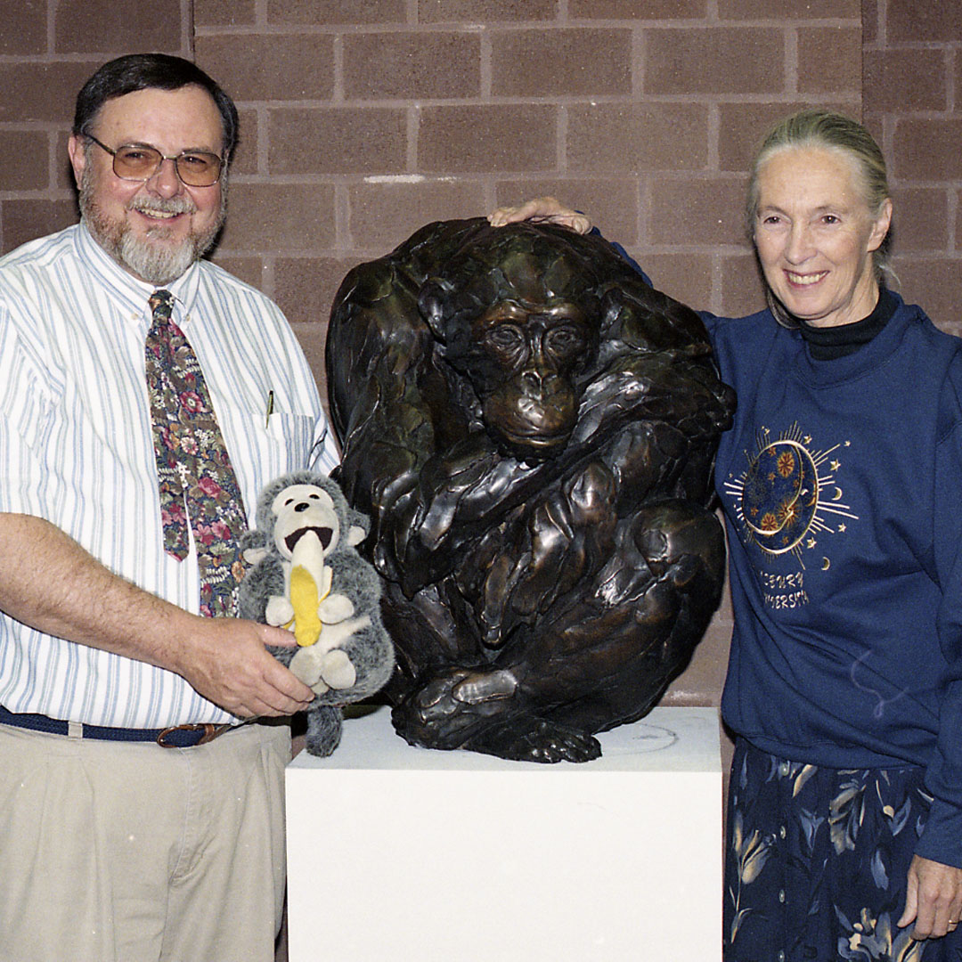 Dr. Jane Goodall (right) with former Guerrieri University Center Director Dave Ganoe and "Contemplation" sculpture