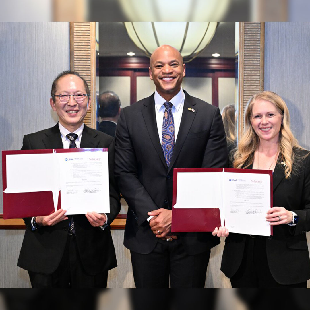 Japanese Study Abroad Foundation President Shinji Moriyama, Governor Wes Moore and SU President Carolyn Ringer Lepre 